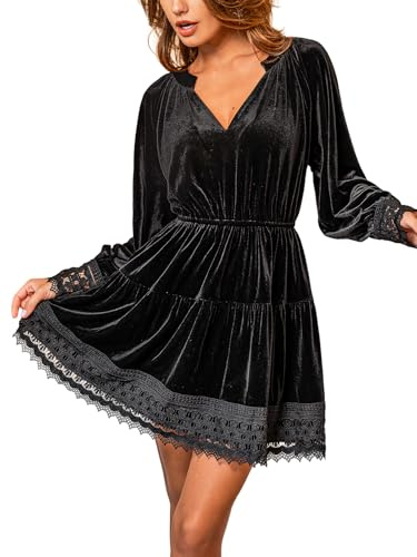CUPSHE Womens Mini Fall Dresses Velvet V Neck Casual Long Sleeve Lace Short Ruffled Party Outfit Flowy Cocktail Dress Black, XL