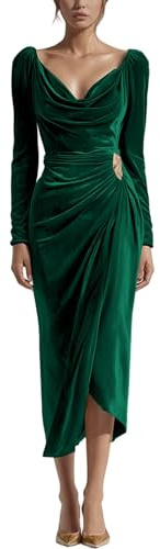 Generisch Abito da donna in velluto a cascata - Elegante abito midi con drappeggio e orlo asimmetrico | Abito da sera a maniche lunghe festive