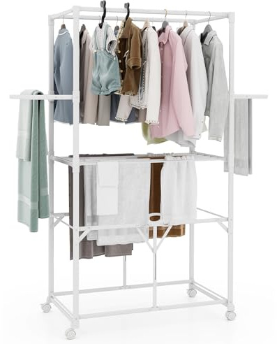 GOPLUS Tendedero para Ropa en Forma de H, Soporte de Secado con 2 Estantes Laterales Plegables y Estante Central Desmontable, Tendedero Portátil con Ruedas Bloqueables para Uso Interior Exterior