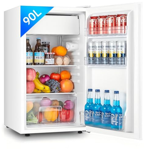 FOHERE Kühlschrank mit Gefrierfach 90L | Kühlschrank Klein mit Obst- und Gemüsefach | 7 Einstellbare Temperaturregelung | 84kWh/Jahr | Türanschlag wechselbar | Verstellbare Füße | Weiß