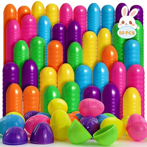 KVBXKBO 50 Easter Eggs, 2.36 Assorted Bright Colors Plastic Easter Eggs Empty for Easter Hunt, Party Favor Basket Stuffers Fillers
