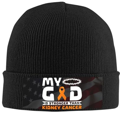 Nogxinri My God is Stronger Than Kidney Cancer Awareness Fighter Unisex Knit Beanie Hat Cozy Warm and Stylish Winter Essential Black