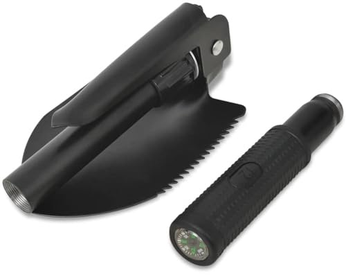 Pala pieghevole in acciaio al carbonio, nero, 4 in 1, con pala, zappa, sega e apribottiglie, compatta pieghevole con bussola e custodia, ideale per scavare, travasare, piantare e campeggio