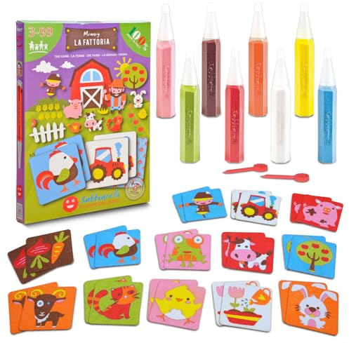 Sabbiarelli – Kit Gårds-Memory 3+ | 2-i-1-set: Sand Art och memory | Innehåller 30 självhäftande kort, färgad sand, 2 lyftverktyg, bricka, spade och tratt | 100% Made in Italy | 3-7 år
