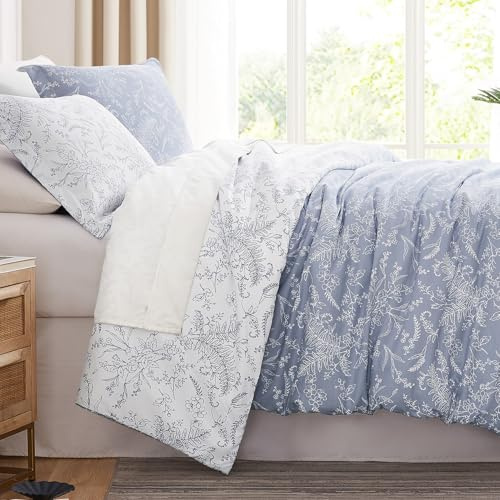 Southshore Fine Living, Inc. Queen Size Comforter Sets, Hotel Quality Bedding, Floral Bed Spread with Matching Shams, Reversible Comforter Set, Fits Queen & Full Beds, Winter Brush Blue/White