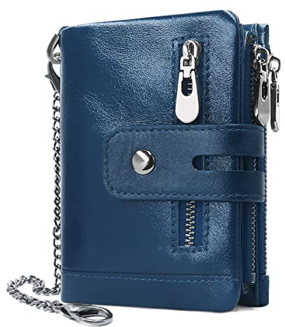 REETEE Portefeuille Femme Cuir Porte Monnaie Femmes RFID Blocage Portefeuille Femmes Petit Fermeture Eclair 16 Emplacements Cartes,Porte-Monnaie en Cuir Bifold Wallet avec Chaîne (Bleu)
