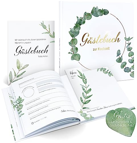 Deine Traumhochzeit Gästebuch Hochzeit mit Fragen zum Ausfüllen 50 Gästeeinträge Goldfolienveredelung Hardcover 100 Seiten Hochzeit Eukalyptus Hochzeitsbuch für Gäste gold grün weiß Hochzeitsgästebuch