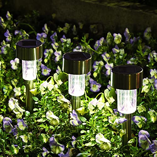 Soplex Paquete de 12 luces solares para caminos, luces solares para exteriores, jardín, luces LED de paisaje/sendero, para patio/césped/patio/entrada/pasarela (acero inoxidable)