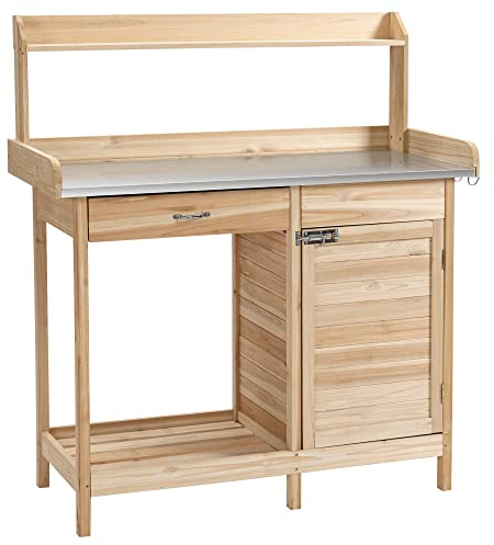 Outsunny Table de rempotage Jardinage - 2 étagères, tiroir, Placard, Plateau tôle Acier galvanisé avec Rebord, 3 Crochets - Bois Sapin