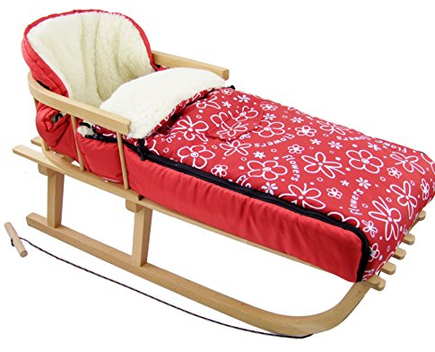 BAMBINIWELT Kombi-erbjudande träsläde med ryggstöd och dragrep universell vinteråkpåse (108 cm), även lämplig för babystol, barnvagn, buggy, av ull blommor röd