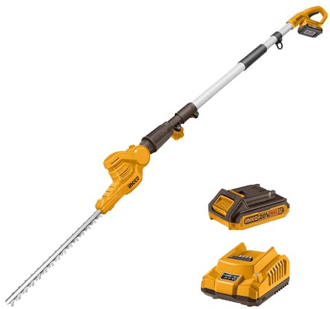 INGCO Cordless Pole Hedge Trimmer 20V Telescopic Pole Hedge Cutter 46cm Blade with 2.0Ah Battery and Charger CPHT2016012