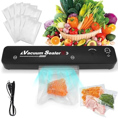 ONEVER Vakuumierer, Stark Vakuumiergerät, Vakuumiergerät für Lebensmittel, Folienschweißgerät für Lebensmittel mit 10 Vakuumbeutel, One-Touch-Vakuumiergerät für trockene oder feuchte Lebensmittel