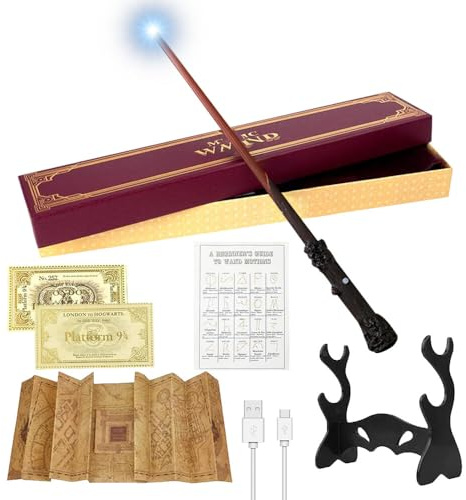 CJBIN Baguette Harry Potter Lumineuse, Baguette Magique Harry Potter avec Chargement USB, Harry Potter Baguette dans Un Coffret Cadeau avec Carte de Sort, Ticket de Gare, Plan et Support de Baguette