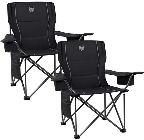 TIMBER RIDGE Camping Chairs for Adults Heavy Duty 200kg Oversized, Padded Folding Chair with Cup Holder and Cooler Bag Comfy for Outdoor Picnic Fishing Garden, Lightweight and Portable (Black- 2PCs)
