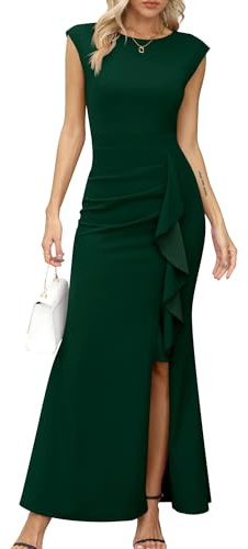 Missufe Vestido largo de fiesta para mujer, vestido de noche con corte sirena entallado, con volantes, abertura, mangas tipo ala, para bodas y eventos formales