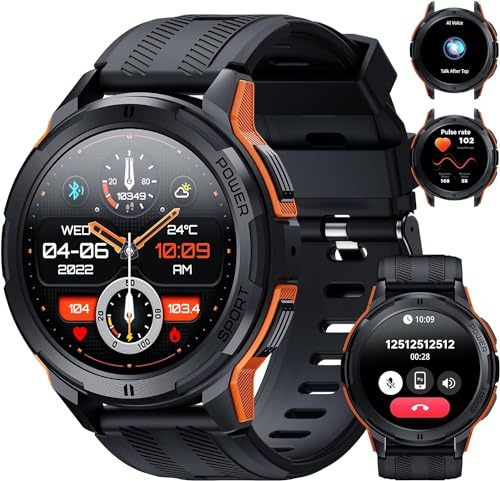 OBA Oukitel BT10 Smartwatch für Herren mit Bluetooth-Anrufen, 1,43 Zoll AMOLED Display, Akku 410 mAh, wasserdichte Uhr 5 ATM mit Herzfrequenzmesser, Schlafüberwachung für Android iOS, Orange, Orange,