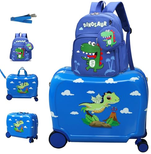 R.Leone Valigia Cavalcabile per Bambina EasyJet 45x36x20 cm + 30x23x14 cm Set 2 Pezzi Trolley Bagaglio a mano 4 Ruote e Zaino 325 (Dinosauro, Set 2 Pezzi S+XS)