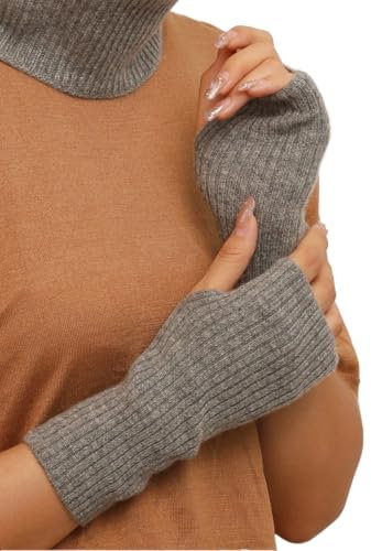 Prettystern Rippstrick Damen Kaschmir Fingerlose Pulswärmer HandStulpen Cashmere Grau Halb-Handschuhe Grau Mittelgrau