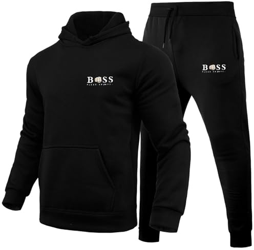 WAZHAKU Survêtement de sport pour homme, long, confortable et surdimensionné, 2 pièces, sweat à capuche et pantalon, avec motif de lettres créatives, pour l’automne et l’hiver, c noir, L