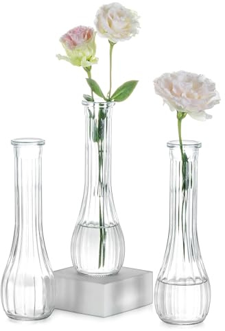 NUPTIO Piccoli Vaso Fiori Vetro: 3 Pezzi 21,7cm Vasi Trasparenti Centrotavola per Decorazioni Matrimonio - Vaso Decorativo da Interno Striato per Casa Festa Soggiorno