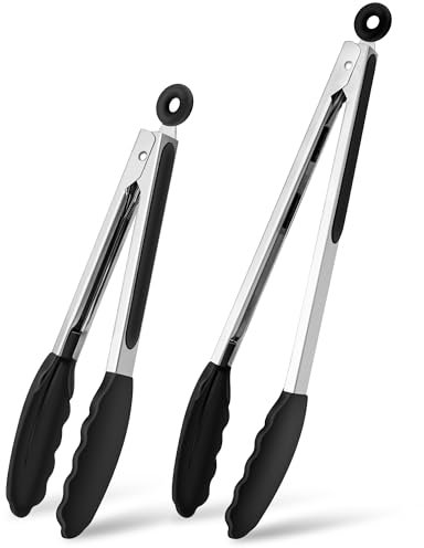 Grillzangen und Küchenzangen Set, 26 cm und 33 cm, hitzebeständige Kochzangen mit Silikongriff, Edelstahl Fleischzangen für Grillen, Nudeln und Fleisch, Schwarz