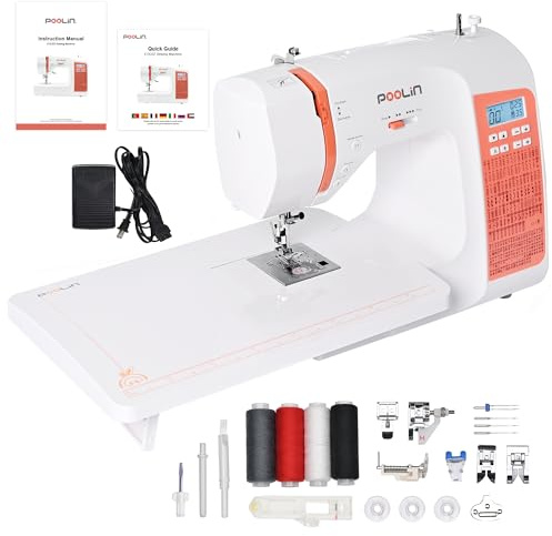 Poolin EOC02 Computerised Sewing Machine, 200 Built-in Stitches, 7 Presser Feet, Sewing Machine for Beginners (Orange)