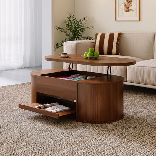 Merax Table basse élévable 110x55,5x40 cm, hauteur réglable avec côtés en bois incurvés, étagère extensible, meuble de salon multifonctionnel, espace de rangement pour collations, livres, électronique