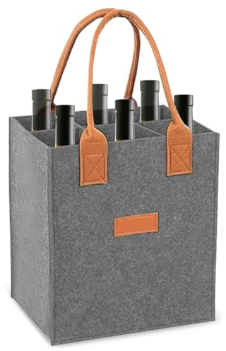 Borsa per Bottiglie Vino Acqua in Feltro, 23x18x26 cm Borsa Portabottiglie Acqua in Feltro con 6 Scomparti, Cestello Portabottiglie per Trasportare in Sicurezza Bottiglie di Vino, Birra e Bevande