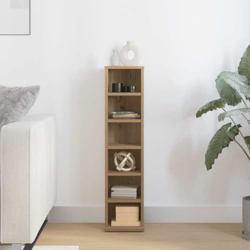 Mokuyary Armadio CD rovere artigianale 21 x 20 x 88 cm in legno di ingegneria armadio per scaffale DVD con 6 scomparti, mobile portaoggetti multimediale per ufficio, soggiorno, camera da letto