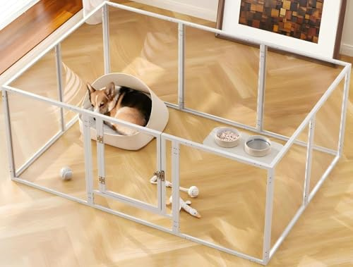 Hundelaufstall aus Acryl für Welpen und kleine Hunde mit Tür H:60 cm Metallrahmen Welpenlaufstall für Wohnung 10 Paneele Fest und Glatt, Einfache Installation, Weiß