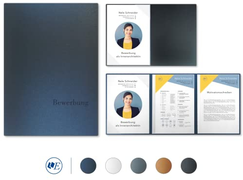 5 Stück 3-teilige Bewerbungsmappen Esclusiva® Elite-plus in Nachtblau mit 2 Klemmschienen // in 1A-Premium-Qualität mit hochwertiger Flach-Prägung „BEWERBUNG“ // Produkt-Design von Mario Lemani