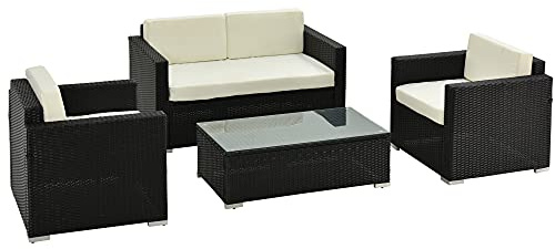 Outsunny 4 Pieces Outdoor PE Rattan Sofa Set with Cushions, Patio Wicker Conversation Furniture Set with Glass Top Coffee Table, Black