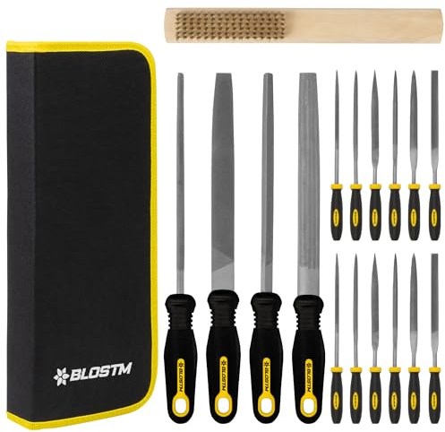BLOSTM Sortiertes Metallfeilen Set 17pcs - 4 Großen Metallfeilen und 12 Nadelfeilen mit Kompaktem Werkzeugkoffer und Bürste - Feilenset Metall auf Glätten, Schärfen oder Formen - Holzfeilen Set