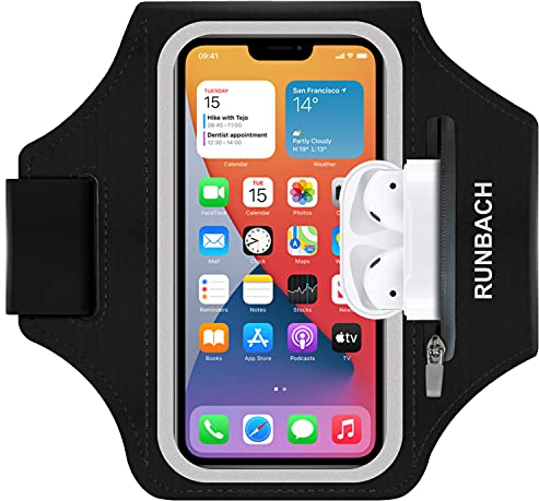 RUNBACH Armband for iPhone 17/17 Pro/16/16 Pro/15/15 Pro/14/14 Pro/13/13 Pro/13 Mini/12/12 Pro/12 Mini/11/11 Pro/XR/XS/X/SE,Water Resistant Armband with Zipper Slot for Airpods and Car Key (Black)