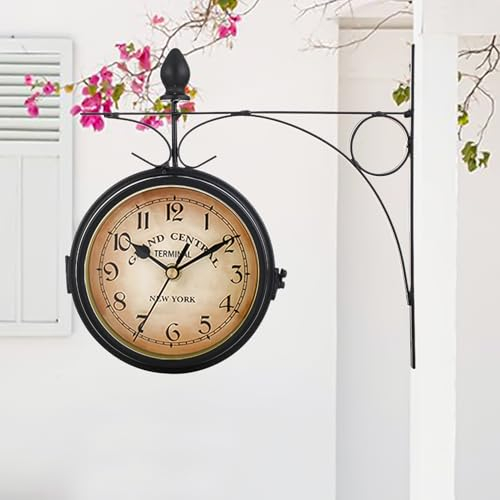 Syfunlv Vintage Bahnhofsuhr,Zweiseitige Wanduhr,21,8 * 21,8 cm,Wetterfest, Runde Wanduhr für Garten,Outdoor Uhr Dekorative,für Garten,Terrasse, Küche, Innenhof.