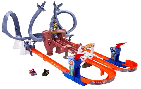Hot Wheels RacerVerse Spider-Mans Netzschleuder-Rennbahn mit den Hot Wheels Rennautos Spider-Man und Black Panther, Rennen mit mehreren Runden auf der Flucht vor Dr. Octopus, HTM08