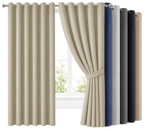 Hafaa Blackout Curtains, Cream Eyelet Curtains W90 x L90 Inch, 2 Panels | Energy Saving Black Out Curtains for Living Room,90 Inch Drop Thermal Curtains, Home Decor 2 Panels with Tiebacks
