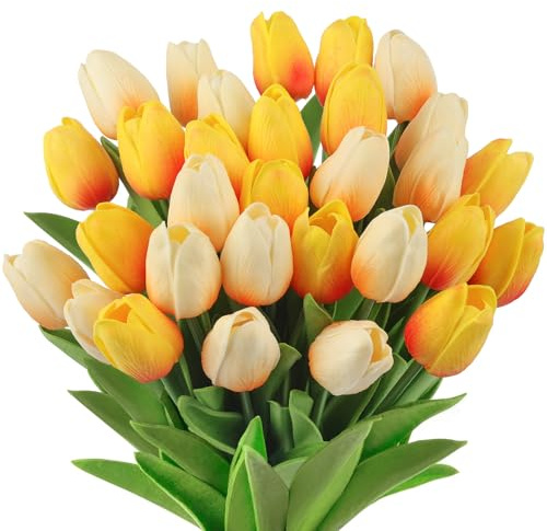 N&T NIETING 12 Pezzi Tulipani Artificiali, Gialli Tulipani Artificiali, Tulipani Finti Realistici, Fiori Artificiali Per Bouquet Di Nozze, Decorazione Da Tavolo, Decorazione Per La Casa In