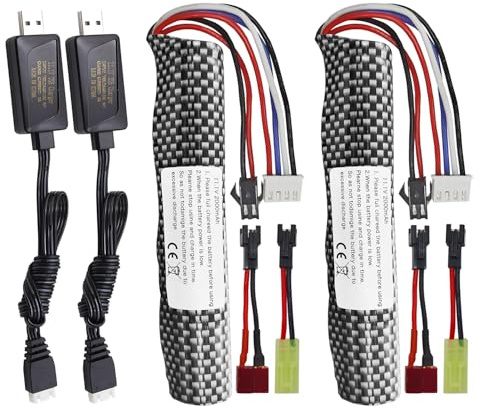 2PCS 3S 11.1V 2000mAh Li-ion Battery SM-2P Plug Connector with USB Charging Cable for Airsoft Gel Water Ball Exploder Airsoft Gel Ball Blaster Replacement Battery