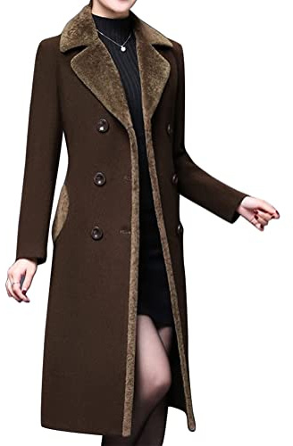 IDEALSANXUN Long Wool Coats for Women 2025 Fall Winter Fur Collar Double Breasted Trench Coat Peacoat Dressy Tweed Blazer Jackets(Brown, L)