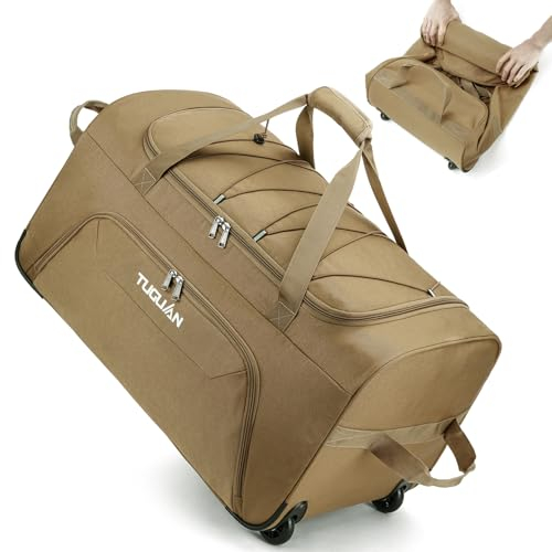 TUGUAN 110L Reisetasche Faltbare mit Rollen Groß, Aufklappbar Extra Große Sporttasche Rollen Handgepäck mit Multi-Griffe für Herren und Damen, Reise, Camping, Fitnessgeräte, 28''/71cm, Braun