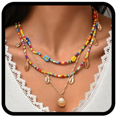 Zoestar Boho Layered Halskette Gold Muschel Anhänger Blumen Perlen Strand Kette für Frauen