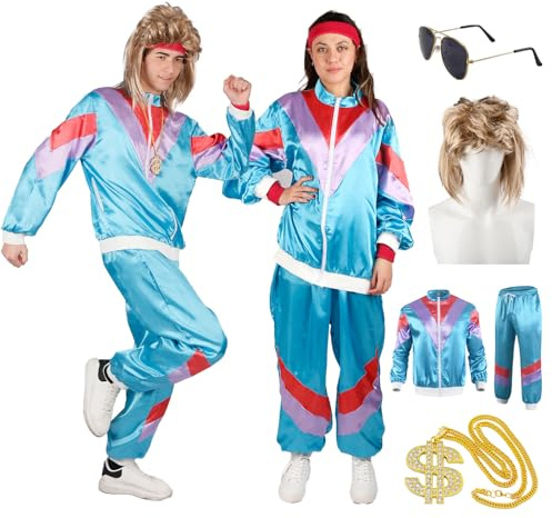 90-tals 80-tals outfit män med Vokuhila peruk 5 st retro gymnastikdräkt disco män kvinnor – 80-tals tillbehör kvinnor 90-tals joggingdräkt skidbad knapp partner jacka byxor karneval temafest