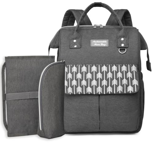 Wickelrucksack Groß mit Wickelunterlage Unterwegs und Kühltasche, Multifunktionaler Windeltasche mit Kinderwagengurten, Wickeltasche Organizer Viel Platz, ideale Größe für Alle - Wickelrucksack Grau