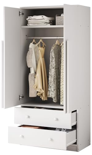 Jovify Kleiderschrank, Mehrzweckschrank mit 2 Türen 2 Schubladen, Vielseitiger Drehtürenschrank Garderobenschrank Garderobe Schrank Schlafzimmerschrank, Weiß, 70x40x170 cm