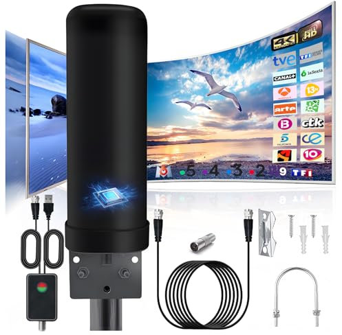 Antenne TV Intérieur Extérieure Puissante, IP66 Antenne TNT Anti-Foudre Réception à 360 ° avec Amplificateur Signal Booster et Câble Coaxial de 13m pour DVB-T DVB-T2 1080P 4K VHF UHF DTMB