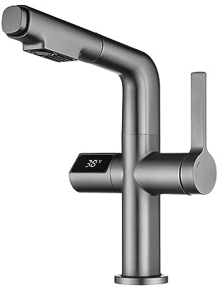 Tvättställsblandare ， Badrumsblandare, Modern intelligent digital display vattenfallskran - 360° utdragbar tvättställsblandare(Gun Grey)