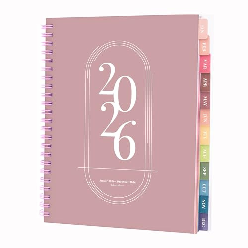 Rileys Agenda Journalier 2026, Planner 2026 Scolaire et Familial, Semainier et Planificateur Hebdomadaire Mensuel, Agenda Professionnel à Spirale pour Fille et L’Étudiant (Rose, 20 x 15 cm, Français)