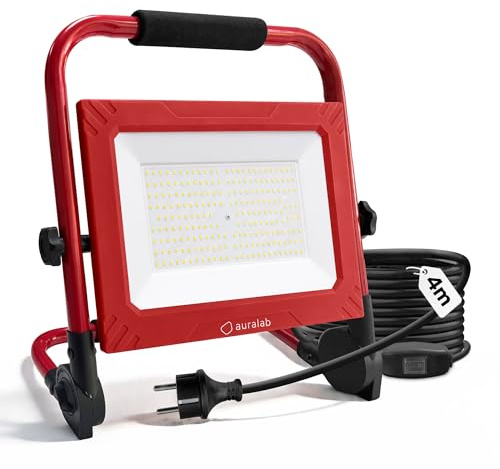 auralab LED Arbetsbelysning 200 watt med strömbrytare, 20000 lumen bärbar bygglampa med 4 meter kabel, IP65 vattentät arbetslampa med stativ, 6500K strålkastare för garage, verkstad, camping