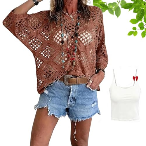 Top de Ganchillo Beige para Mujer Estilo Bohemio – Camisola de Punto Calado con Escote en V – Jersey de Verano Ligero y Suelto (I,XXL)